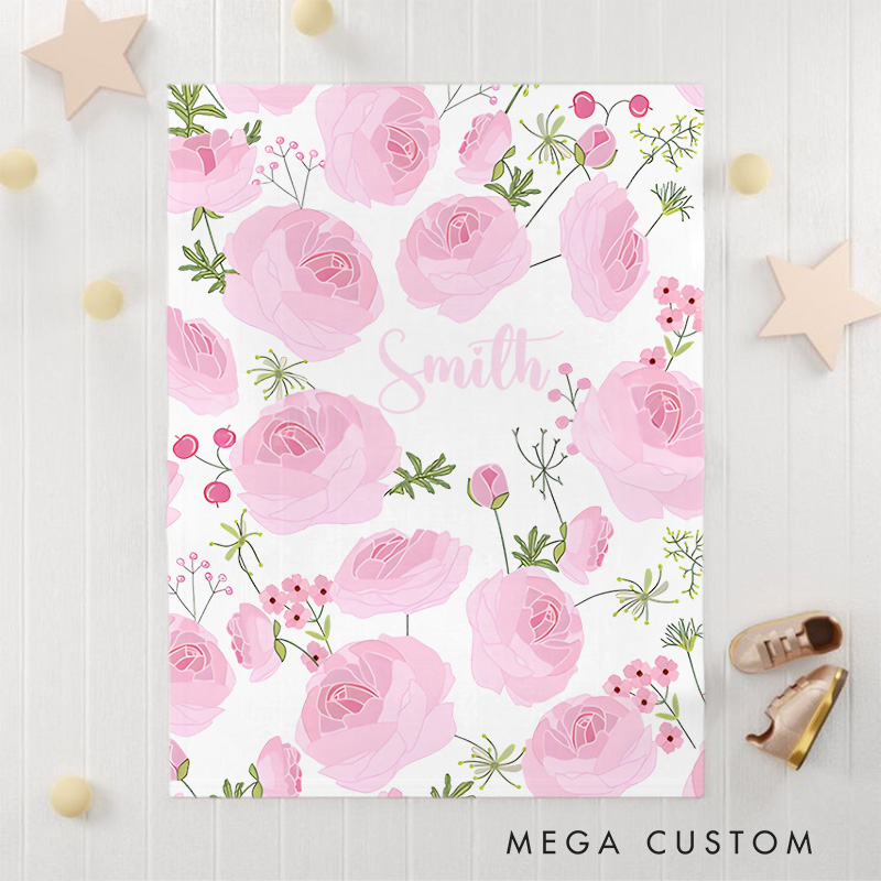 Personalized Pink Rose Pattern Baby Blanket Featuring Beautiful And Elegant Floral Illustrations Baby Blanket