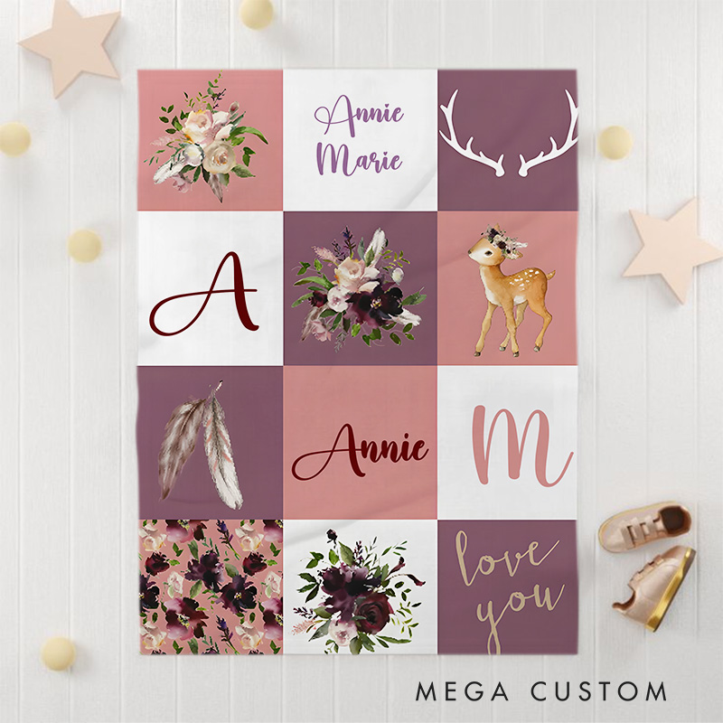 Personalized Patchwork Baby Blanket Showcasing Unique Patterns, Names, And Lovely Illustrations Baby Blanket