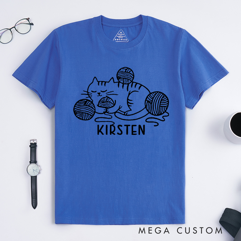 Personalized Knit Cat Classic T-Shirts Gift for Knitting Lovers Yarn Ball Cute Kitten Graphic Tee Cozy Pet Lover Shirt