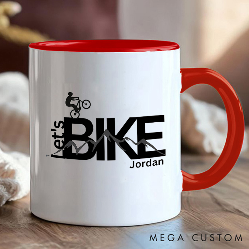 Personalized Lets Bike Coffee Cup Mug with Cyclist and Mountain Art for Outdoor Adventures Riding Cycling Biking Enthusiasts