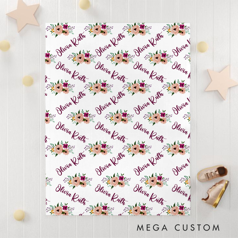Personalized Name And Floral Pattern Baby Blanket Featuring Repeated Names And Beautiful Flowers Baby Blanket