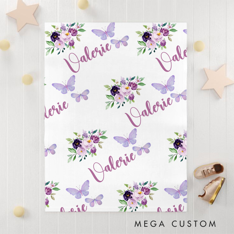 Personalized Butterfly And Floral Baby Blanket Highlighting Delicate Butterflies And Lovely Flowers Baby Blanket