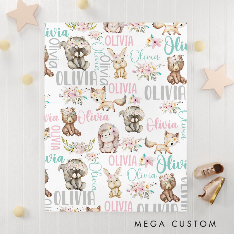 Personalized Name Pattern Baby Blanket Showcasing Repeated Name Prints With Playful Illustrations Baby Blanket