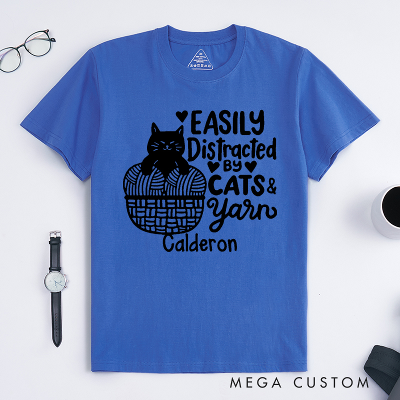 Personalized Easily Distracted by Cat and Yarn Classic T-Shirts for Knitting Lovers Funny Crochet Shirt Gift for Cat Lover