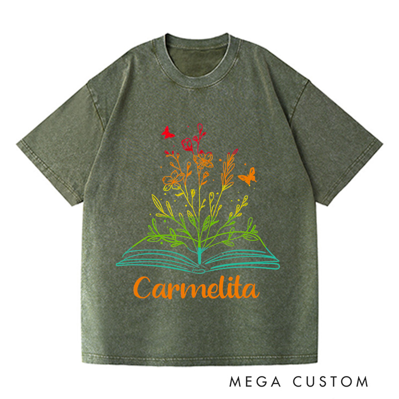 Personalized Book Flower Washed T-Shirts Library Shirts Book Reader Shirt Literary Shirt Book Lover Shirt Reading Tee