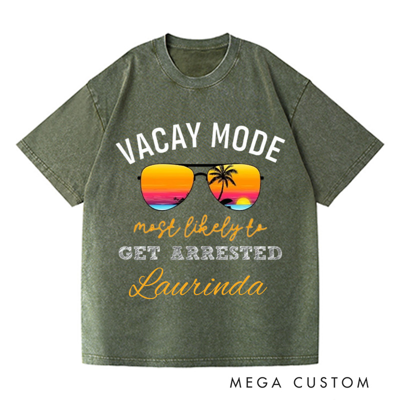 Personalized Vacay Mode Washed T-Shirts Summer Vacation Shirt Trendy Tee Colorful Patterned Shirt Gift For Traveler