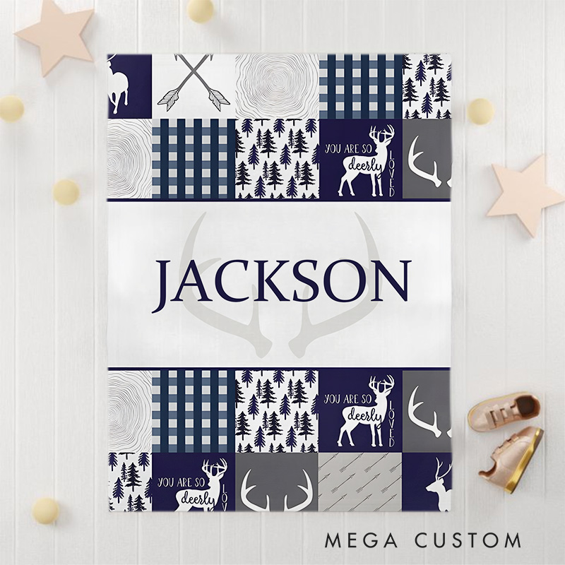 Personalized Plaid And Deer Pattern Baby Blanket Featuring A Bold Name And Rustic Elements Baby Blanket