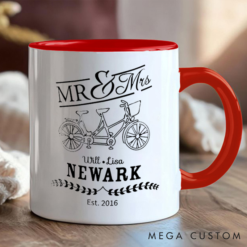 Personalized Mr Mrs Tandem Bike Coffee Cup Mug with Celebrate Wedding Anniversary for Outdoor Adventures Riding Cycling Biking Enthusiasts