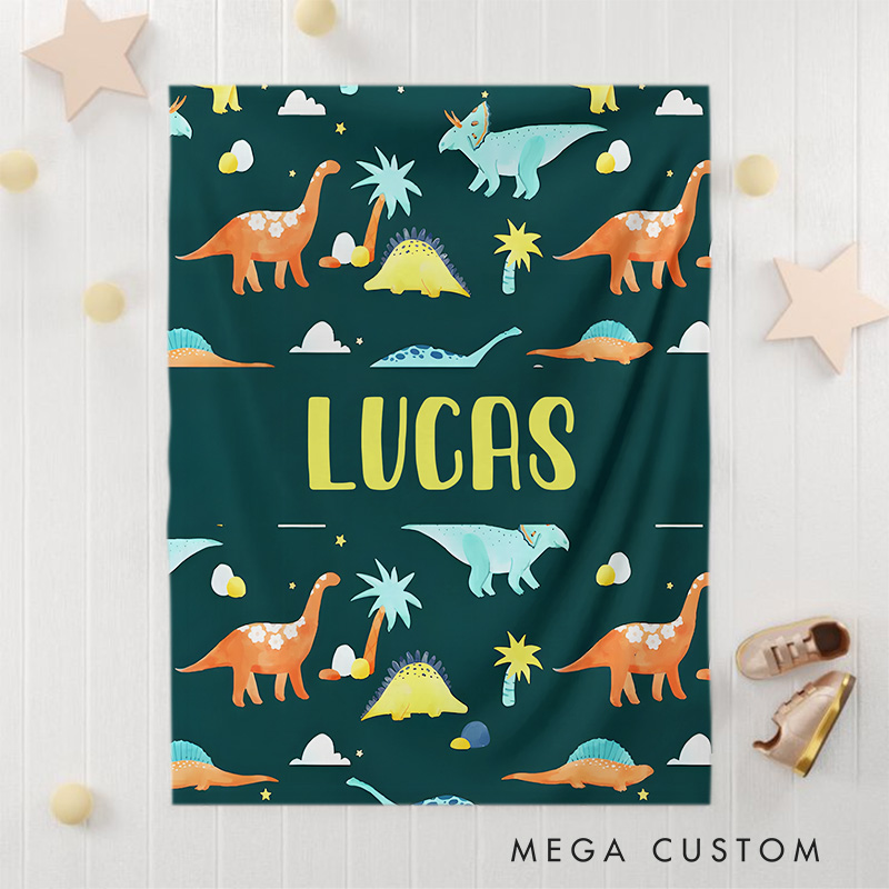 Personalized Dinosaur Illustration Baby Blanket Featuring Bold Dinosaur Prints And A Name Baby Blanket