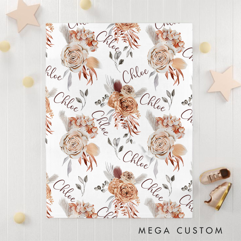Personalized Floral Name Pattern Baby Blanket Featuring Elegant Roses And Repeated Names Baby Blanket