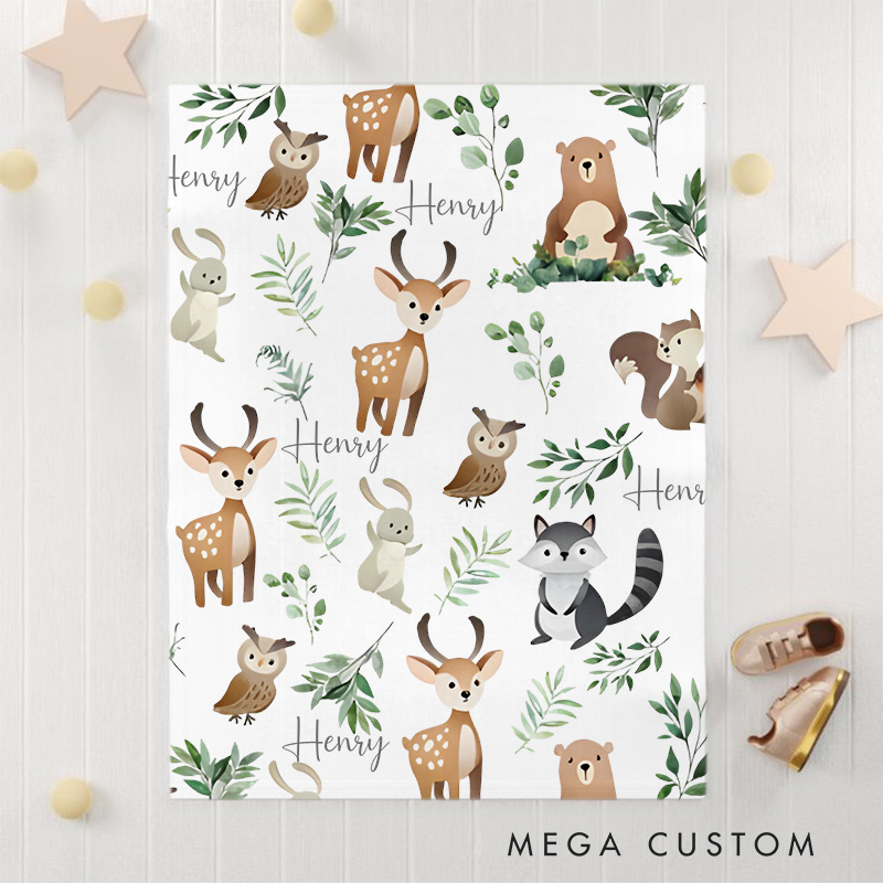 Personalized Woodland Animal Baby Blanket Showcasing Playful Forest Creatures And Nature Details Baby Blanket