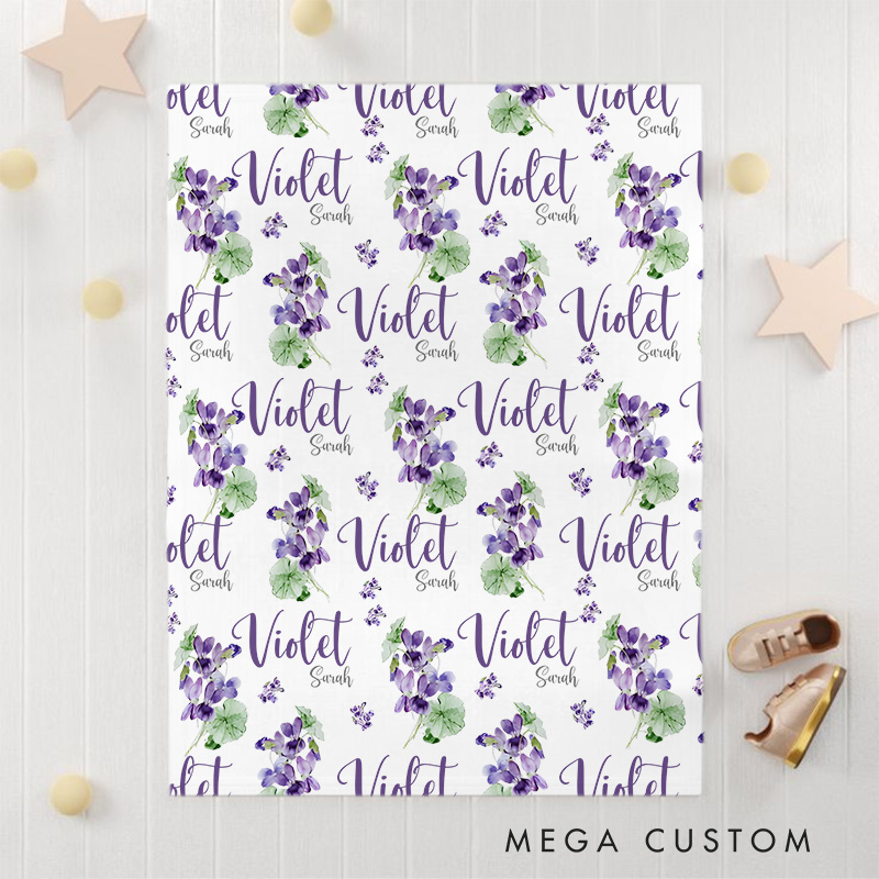 Personalized Name And Floral Pattern Baby Blanket Featuring Repeated Names And Lovely Flowers Baby Blanket