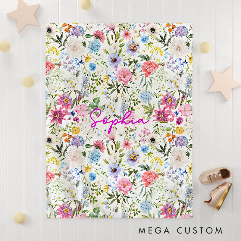Personalized Colorful Floral Baby Blanket Highlighting A Vibrant Flower Pattern With A Name Baby Blanket