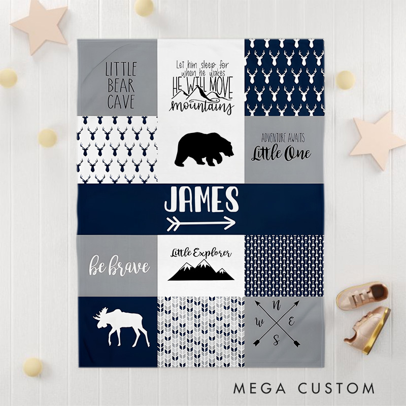 Personalized Rustic Patchwork Baby Blanket Highlighting Nature-Inspired Patterns And Name Baby Blanket