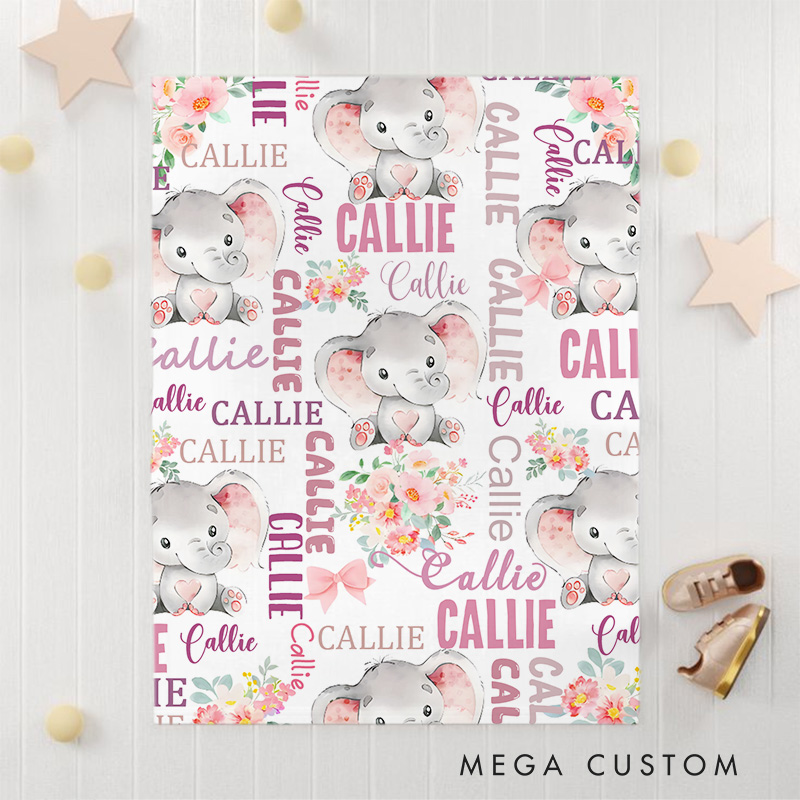 Personalized Cute Pink Blue Floral Elephant Soft Throw Blanket with Multiple Names Nursery Room Decor Birthday Baby Shower Gift for Boys Girls Baby Blanket
