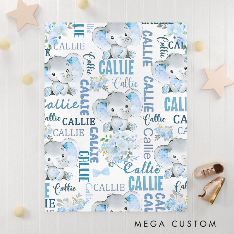 Personalized Cute Pink Blue Floral Elephant Soft Throw Blanket with Multiple Names Nursery Room Decor Birthday Baby Shower Gift for Boys Girls Baby Blanket