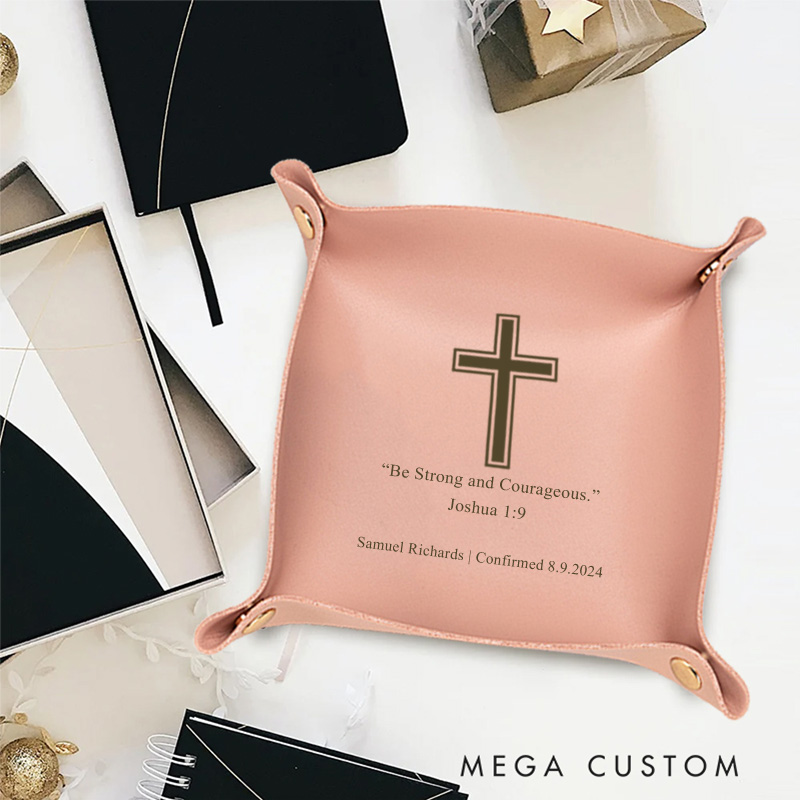 Personalized Joshua 1:9 Leather Tray with Name and Date Accessory Gift for Christian Religious Gift Confirmation Gift