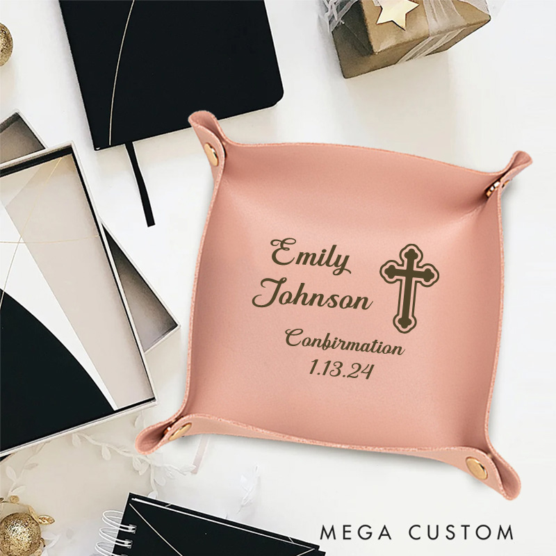 Personalized Cross Leather Tray with Name and Date Accessory Gift for Christian Religious Gift Confirmation Gift