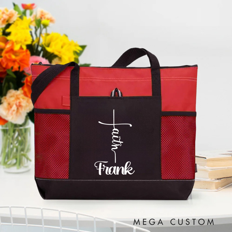 Personalized Faith Cross Tote Bag with Name and Zipper Large Capacity Religious Accessory Gift for Christian Religious Christian Gifts 