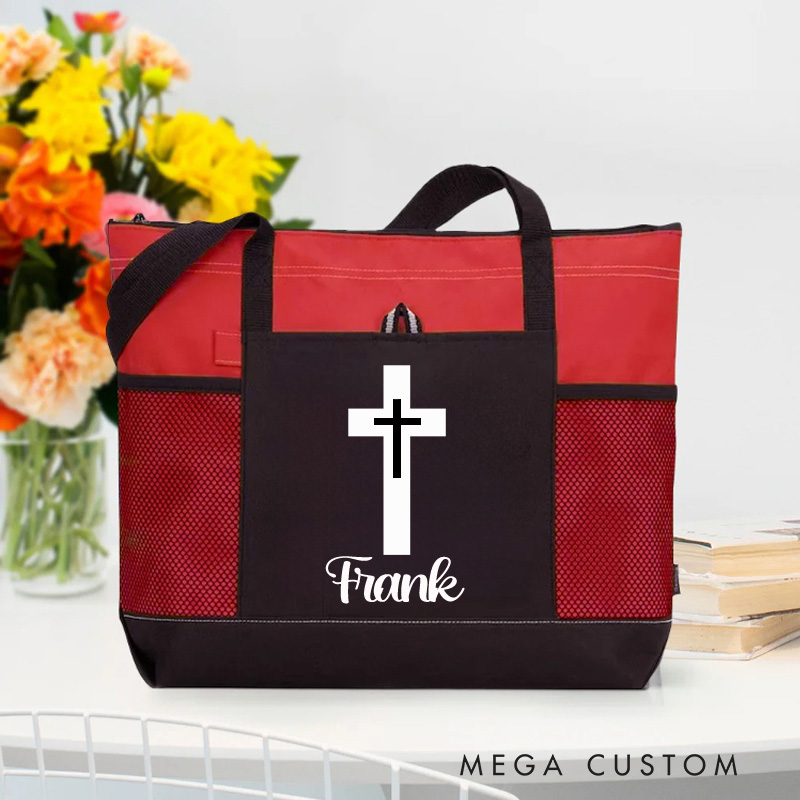 Personalized Cross Tote Bag with Name and Zipper Large Capacity Religious Accessory Gift for Christian Religious Christian Gifts 