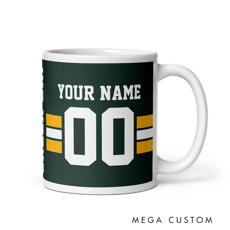 Personalized Football Themed Mug with Customizable Team Name Player Name and Jersey Number Perfect for Sports Fans and Players