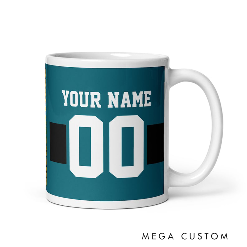 Personalized Football Mug Featuring Custom Team Name Player Name and Jersey Number Design Perfect for Sports Fans and Enthusiasts