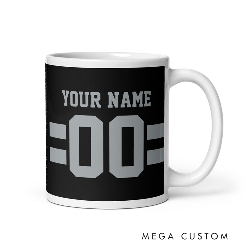 Personalized Football Mug with Customizable Team Name Player Name and Jersey Number Design in Sleek Black Style