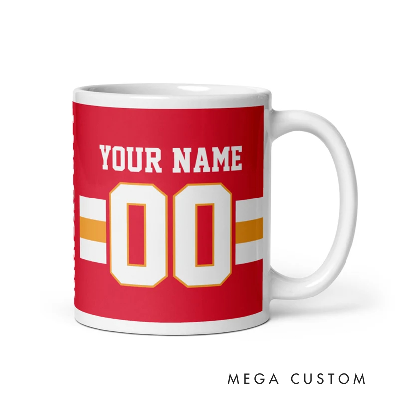 Personalized Football Mug with Custom Team Name Player Name and Jersey Number Featuring a Bold Red Design Perfect for Fans and Enthusiasts