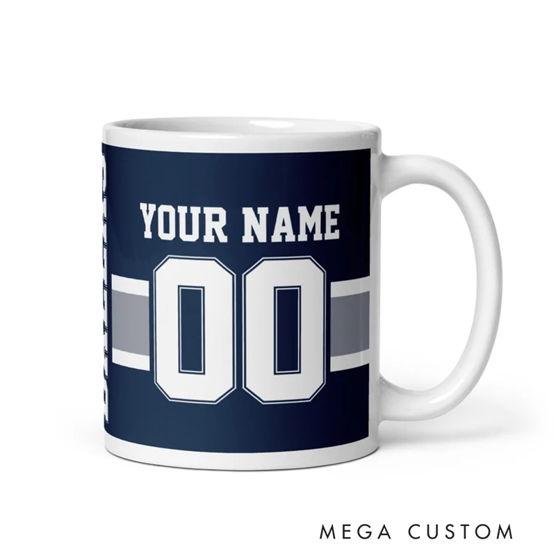 Personalized Football Mug with Customizable Team Name Player Name and Jersey Number in Classic Navy Blue Design