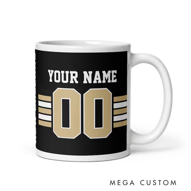 Personalized Football Mug with Customizable Team Name Player Name and Jersey Number in Sleek Black and Gold Design