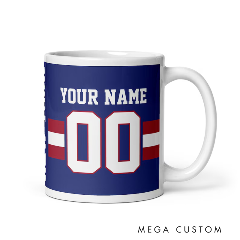 Personalized Football Mug with Customizable Team Name Player Name and Jersey Number in Bold Blue and Red Design
