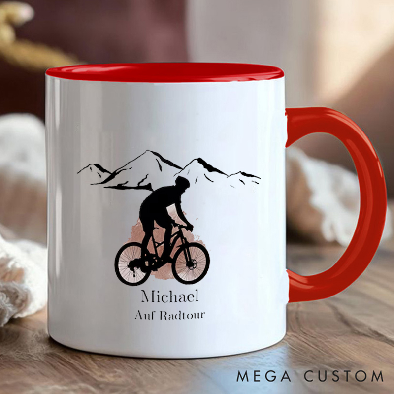 Personalized Mountain Biking Coffee Cup Mug with Name and Scenic Design for Outdoor Adventures Riding Cycling Biking Enthusiasts