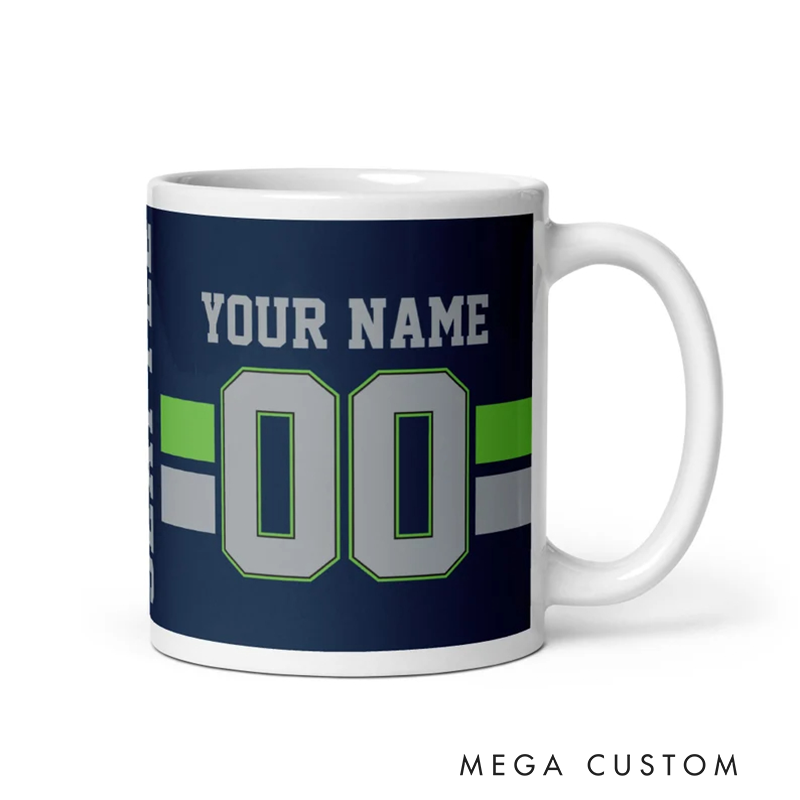 Personalized Football Mug with Customizable Team Name Player Name and Jersey Number in Navy Blue and Neon Green Design