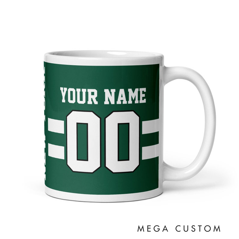 Personalized Football Mug with Customizable Team Name Player Name and Jersey Number in Classic Green and White Design
