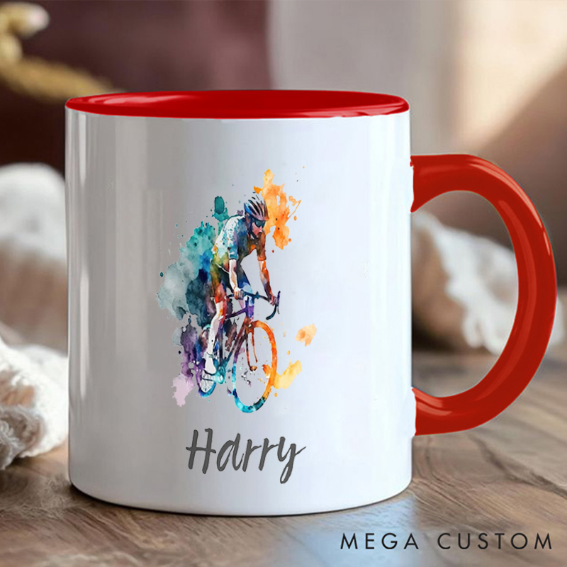 Personalized Watercolor Cyclist Coffee Cup Mug with Art for Outdoor Adventures Riding Cycling Biking Enthusiasts