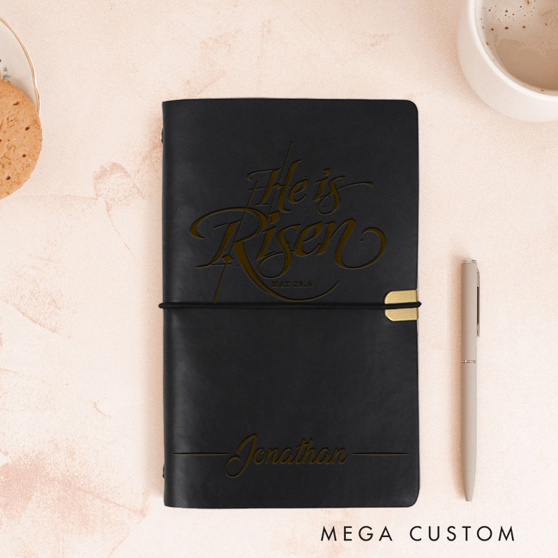 Personalized He is Risen Prayer Journal Leather A6 Devotional Notebook with Name Custom Religious Faith Journal Pastor Christian Gift for Women Men
