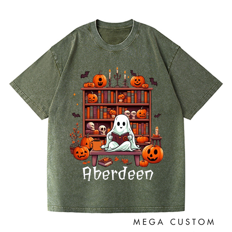 Personalized Ghost Book Reader Washed T-Shirts Reading Enthusiast Book Ghost Reader Tee for Literature Lover Boo Shirt Halloween Gifts