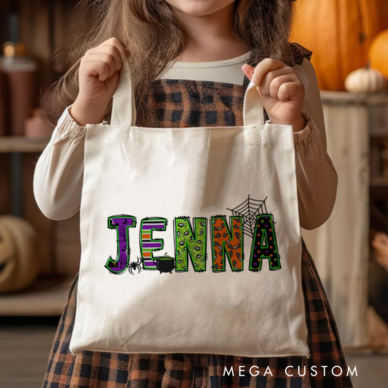 Personalized Halloween Canvas Tote Bag Kids Trick-Or-Treat Bag School Halloween Kids Gift Toddler Goodie Food Bag 