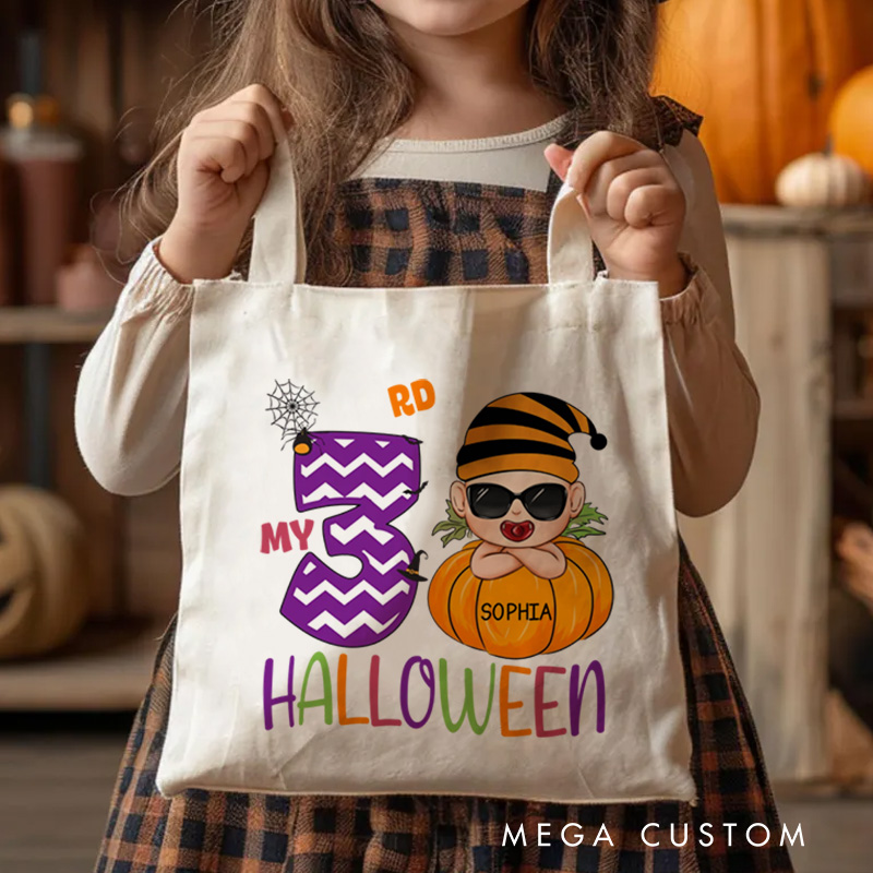 Personalized Kids Halloween Tote with Name Girl Boy Goodie Trick Or Treat Tote Bag for Kids Gifts for Halloween