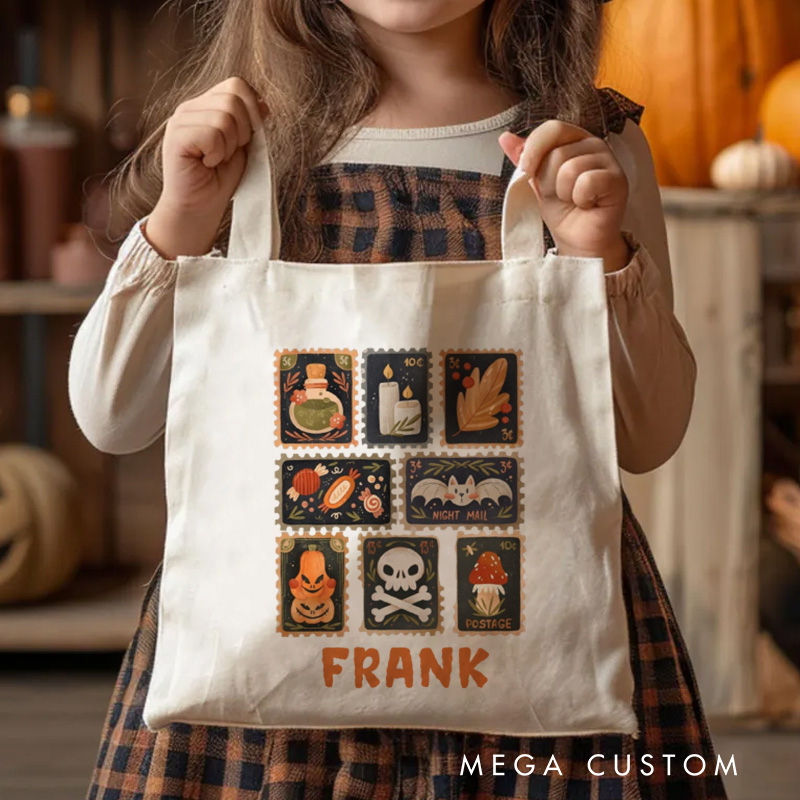Personalised Autumn Stamps Canvas Tote Bag with Name Halloween Stamps Tote Trick or Treat Bag Ghouls Gift