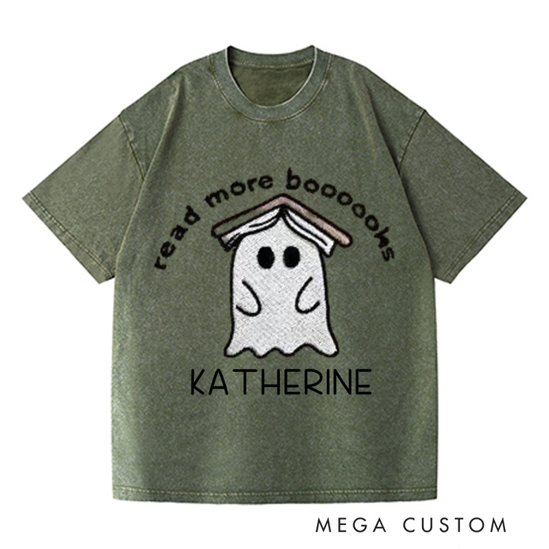 Personalized Ghost Book Washed T-Shirts Fall Spooky Season Tshirt Book Lover Shirt Cute Reading Ghost Shirt Halloween Gift Bookish-Librarian Gift