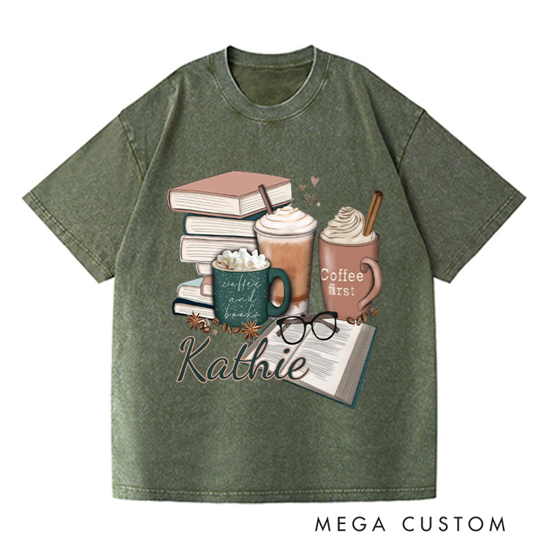 Personalized Coffee and Books Washed T-Shirts Librarian Tshirt Book Lover Shirt Bookworm Shirt Reader Shirt Gift for Reading