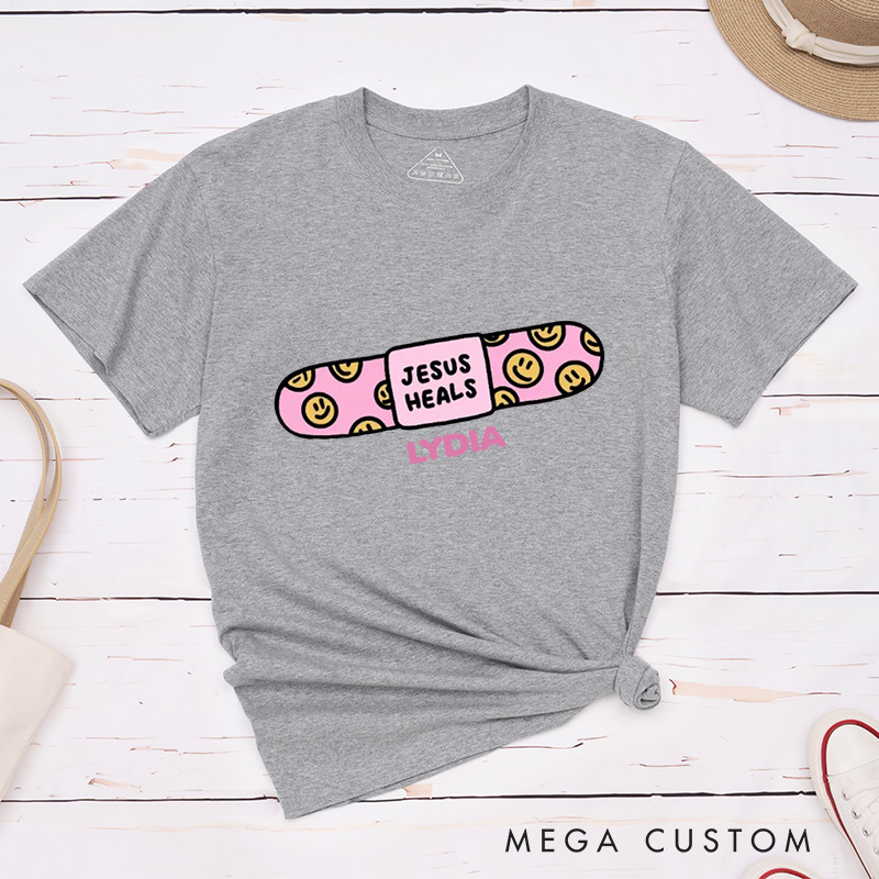 Personalized Jesus Heals Classic T-Shirt with Custom Name Smiley Faces Bandage Theme Religious Shirt Easter Gift for Christians Birthday Gift