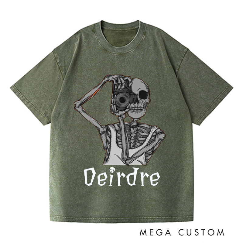 Personalized Skeleton Take Photos Washed T-Shirts Skeleton Shirt Funny Skeleton Tee Gifts For Those Who Love To Travel And Record Trip Lover Gift
