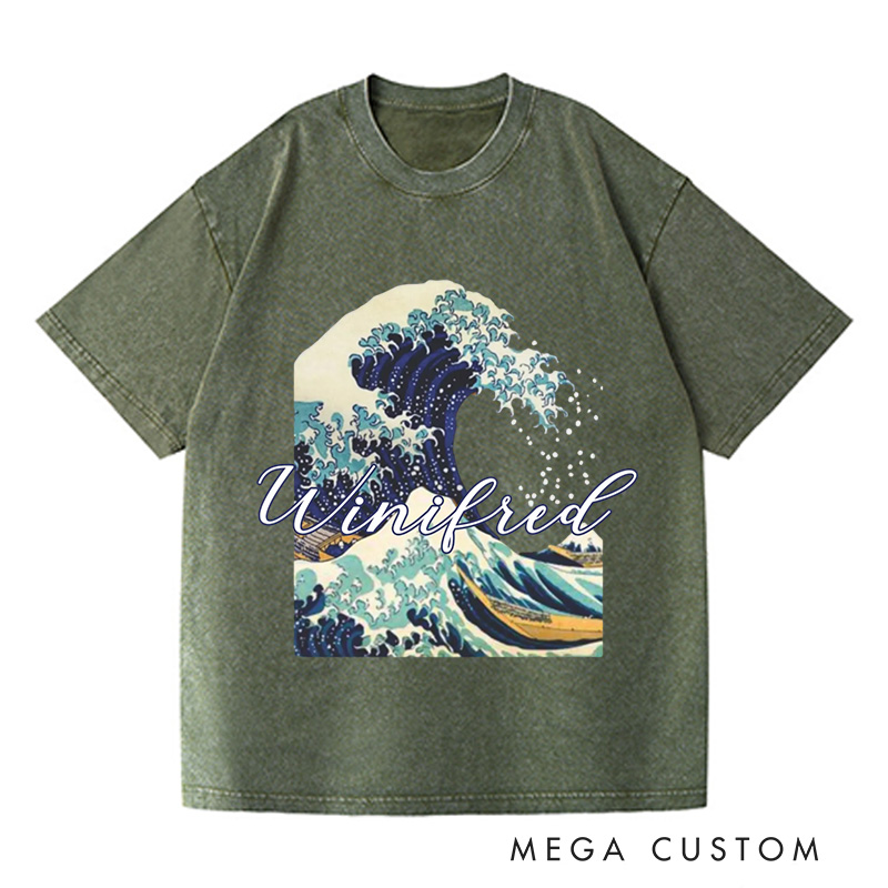 Personalized Giant Wave Washed T-Shirts Artistic Shirts Vacation Tee Customized Name Shirt Gift For Traveler