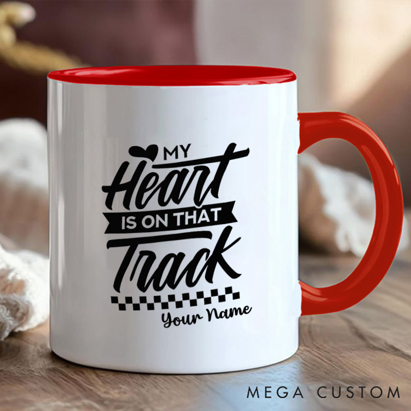 Personalized Racing Heart Mug with Name and Track Design for Outdoor Adventures Riding Cycling Biking Enthusiasts