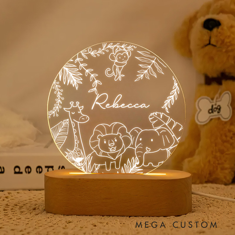 Personalized Jungle Outline Night Light Nursery Baby Room Name Sign Gift