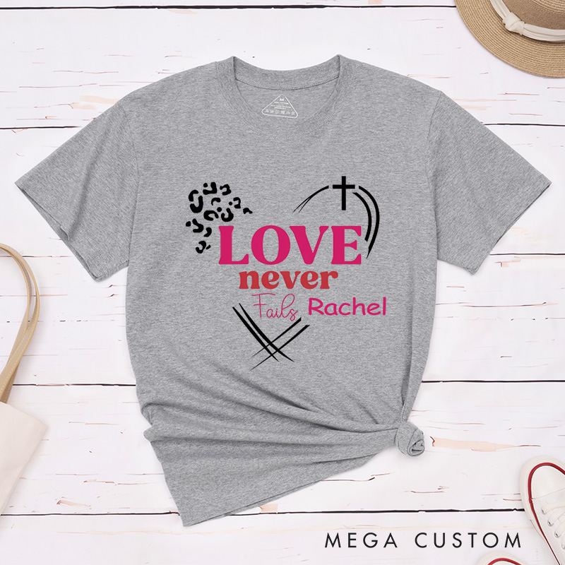 Personalized Love Never Fails Leopard Style Classic T-Shirt Bible Verse Cotton Shirt with Custom Name Easter Gift for Women