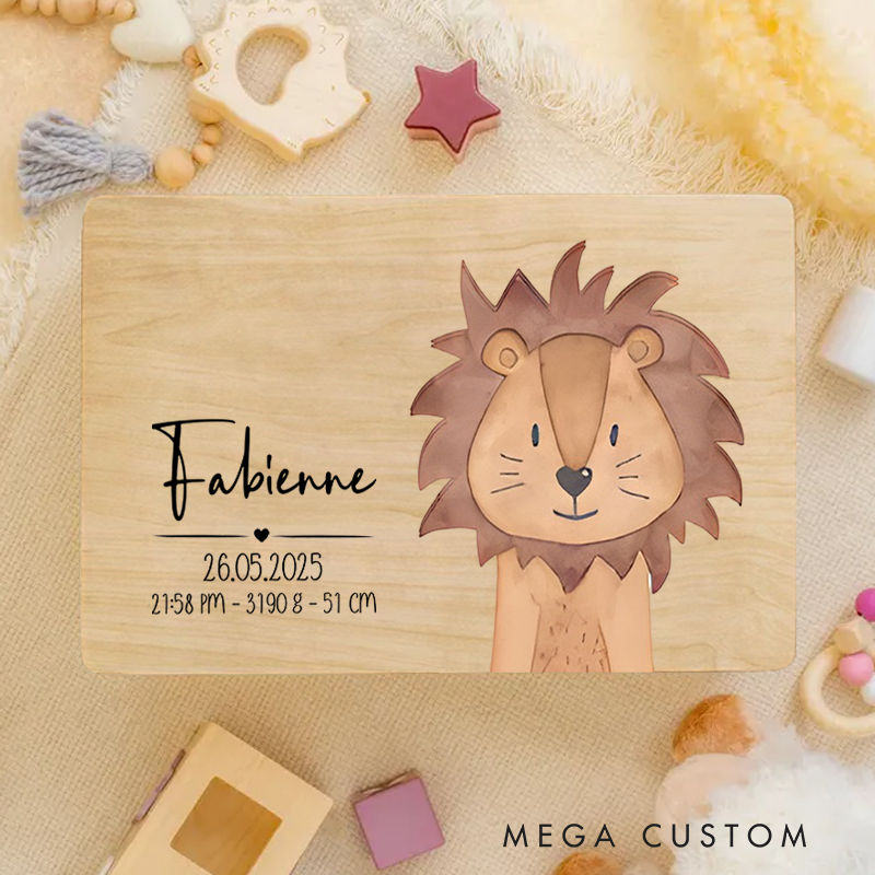 Personalized Adorable Lion Illustration with Birth Details for a Charming and Heartfelt Keepsake Memory Box