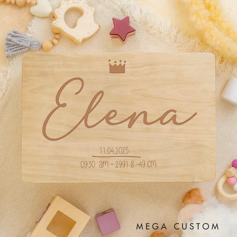 Personalized Elegant Name Design with Crown Accent and Birth Details and Timeless Keepsake Memory Box